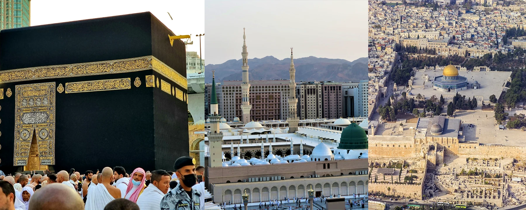 Three pilgrimage destinations shown together: Makkah, Madinah and Al Aqsa