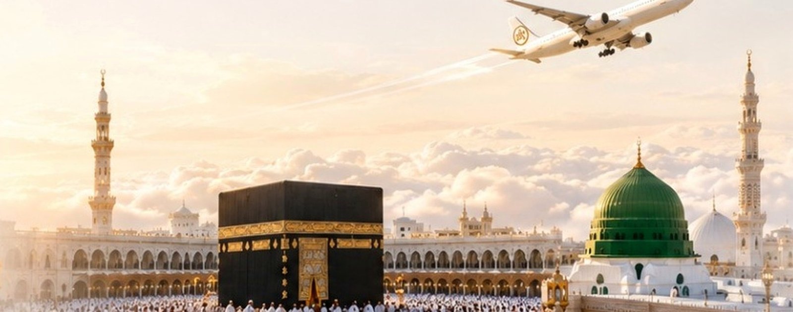 The Kaaba, mosque architecture and a pilgrimage aircraft in a warm sunrise travel scene